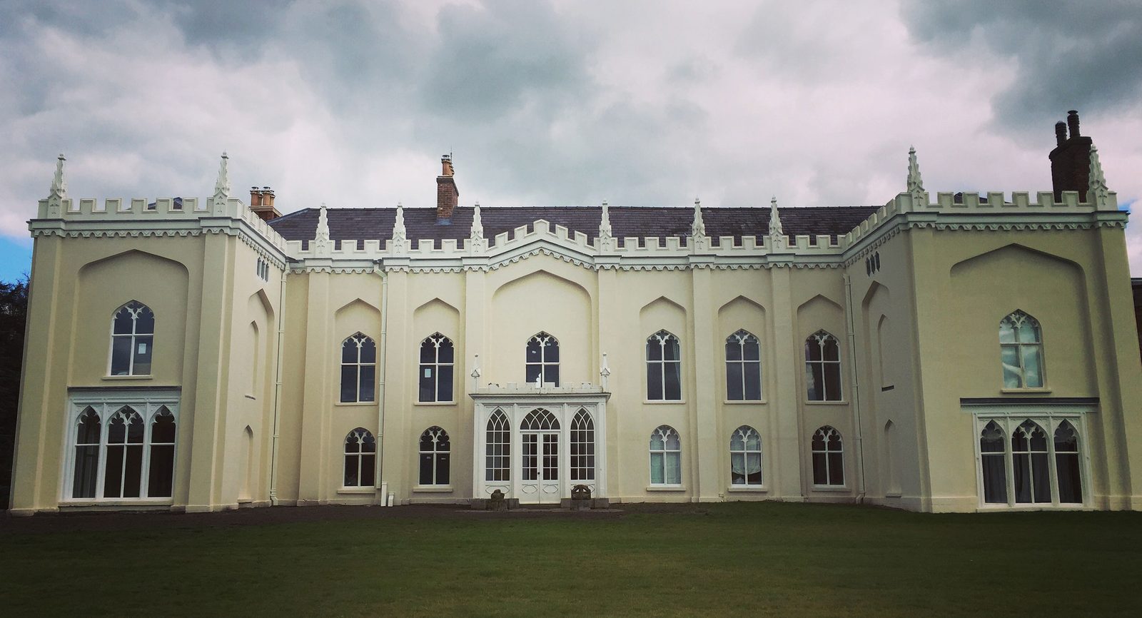 Gothic facade of Combermere Abbey with restored fibreglass architectural details